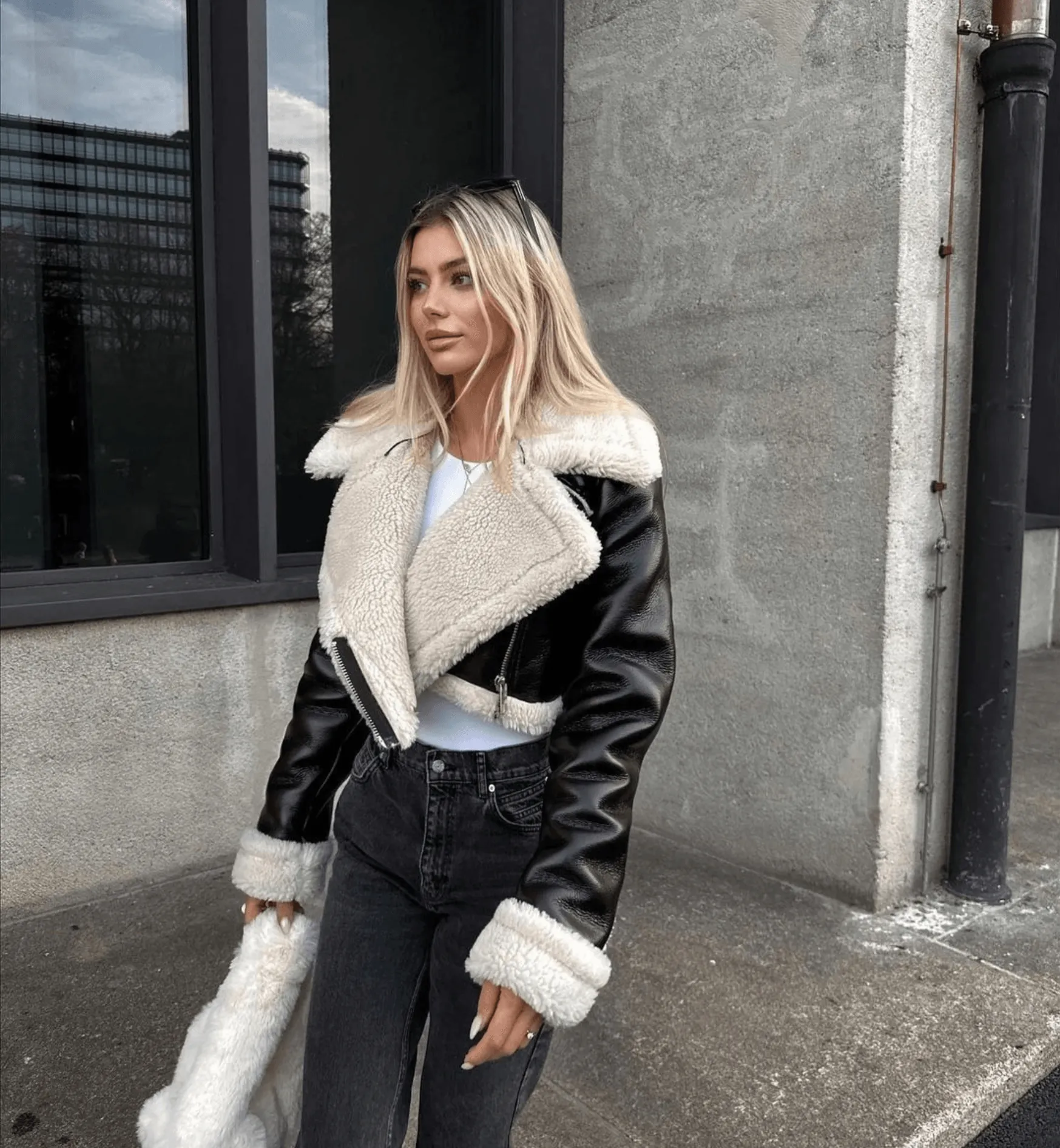 Sleek Women's Curved Shearling Leather Coat