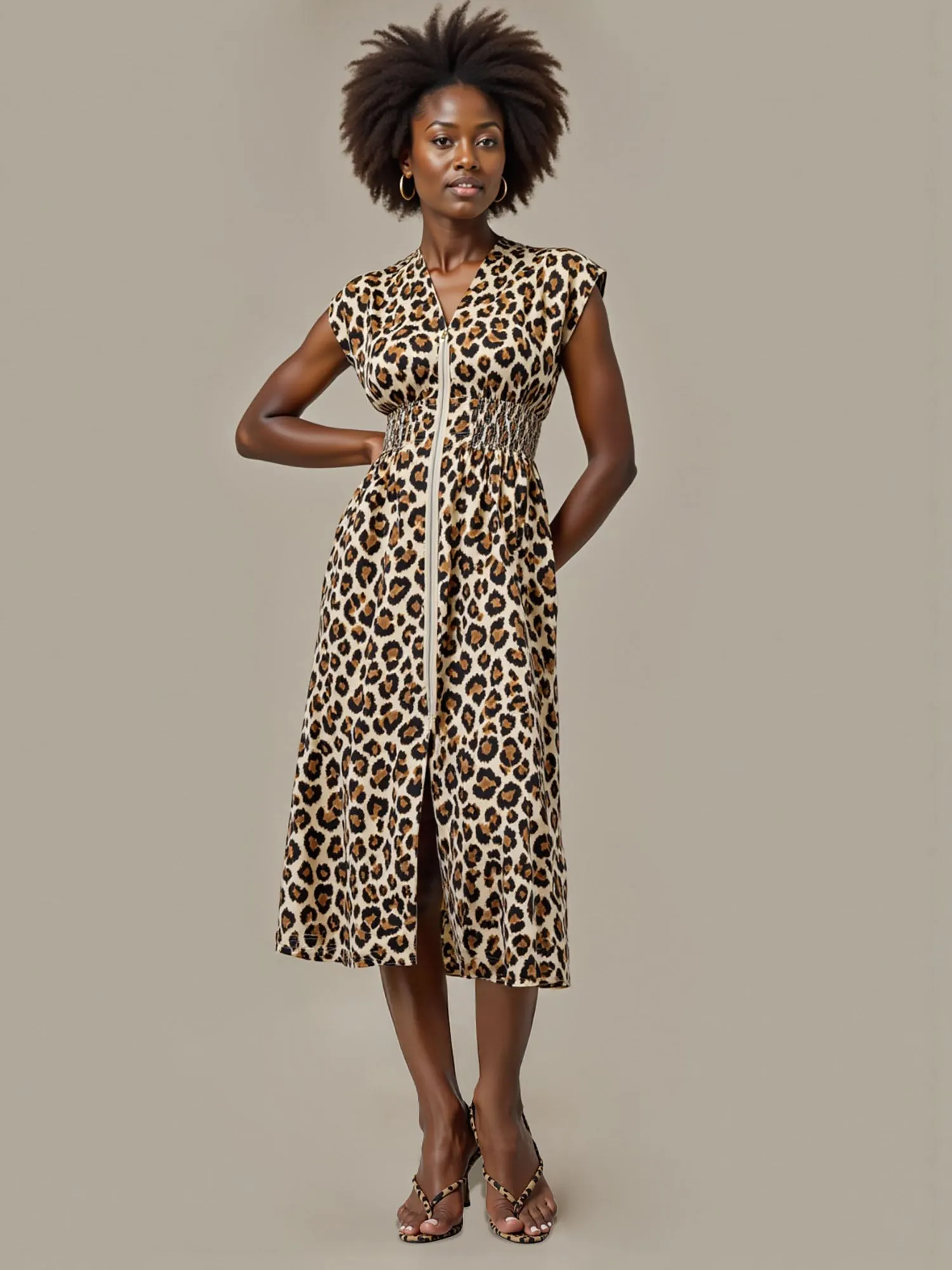 Smocked Waist Animal Fit Flare Midi Dress