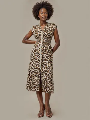 Smocked Waist Animal Fit Flare Midi Dress