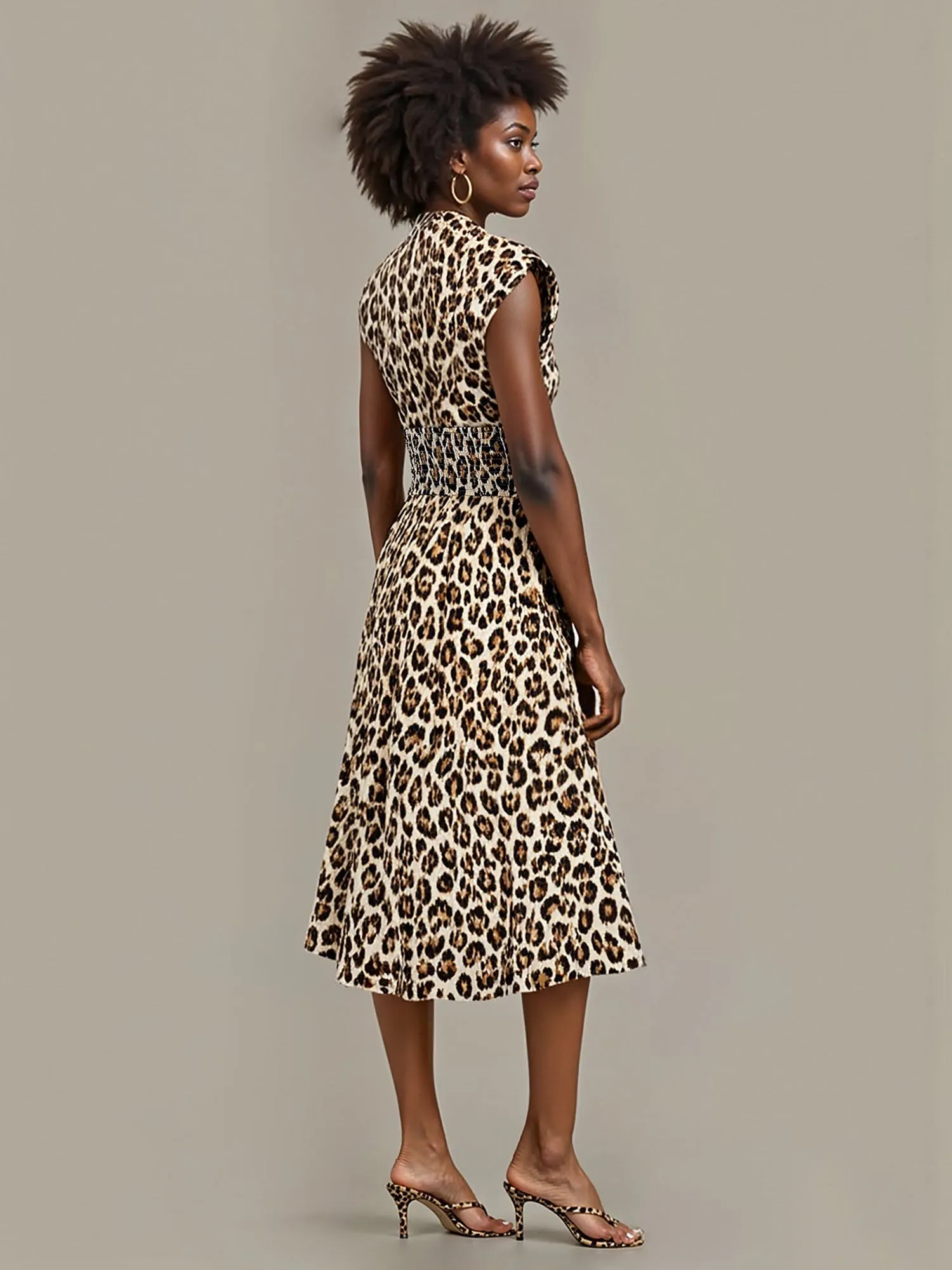 Smocked Waist Animal Fit Flare Midi Dress