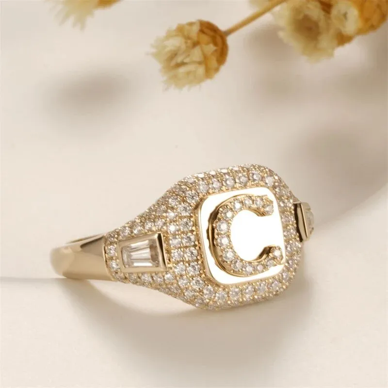 Solid 14k Yellow Gold C Letter Diamond Women's Engagement Ring