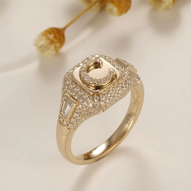Solid 14k Yellow Gold C Letter Diamond Women's Engagement Ring