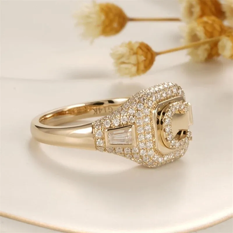 Solid 14k Yellow Gold C Letter Diamond Women's Engagement Ring