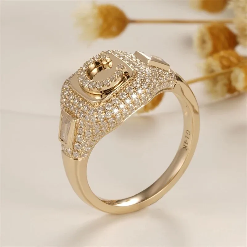Solid 14k Yellow Gold C Letter Diamond Women's Engagement Ring