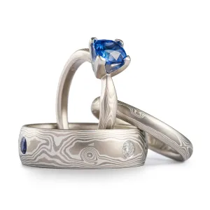 Sophisticated Mokume Gane Wedding Set in Smoke Palette and Woodgrain Pattern with Diamonds & Sapphires