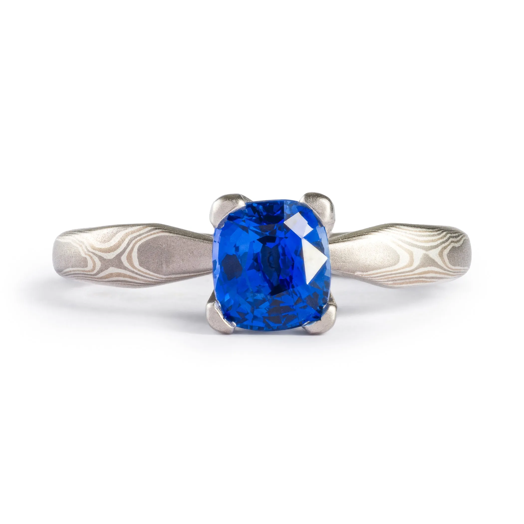 Sophisticated Mokume Gane Wedding Set in Smoke Palette and Woodgrain Pattern with Diamonds & Sapphires