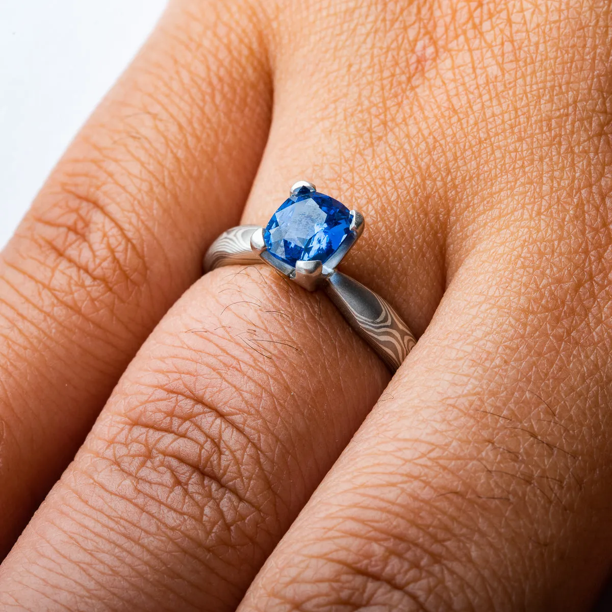 Sophisticated Mokume Gane Wedding Set in Smoke Palette and Woodgrain Pattern with Diamonds & Sapphires