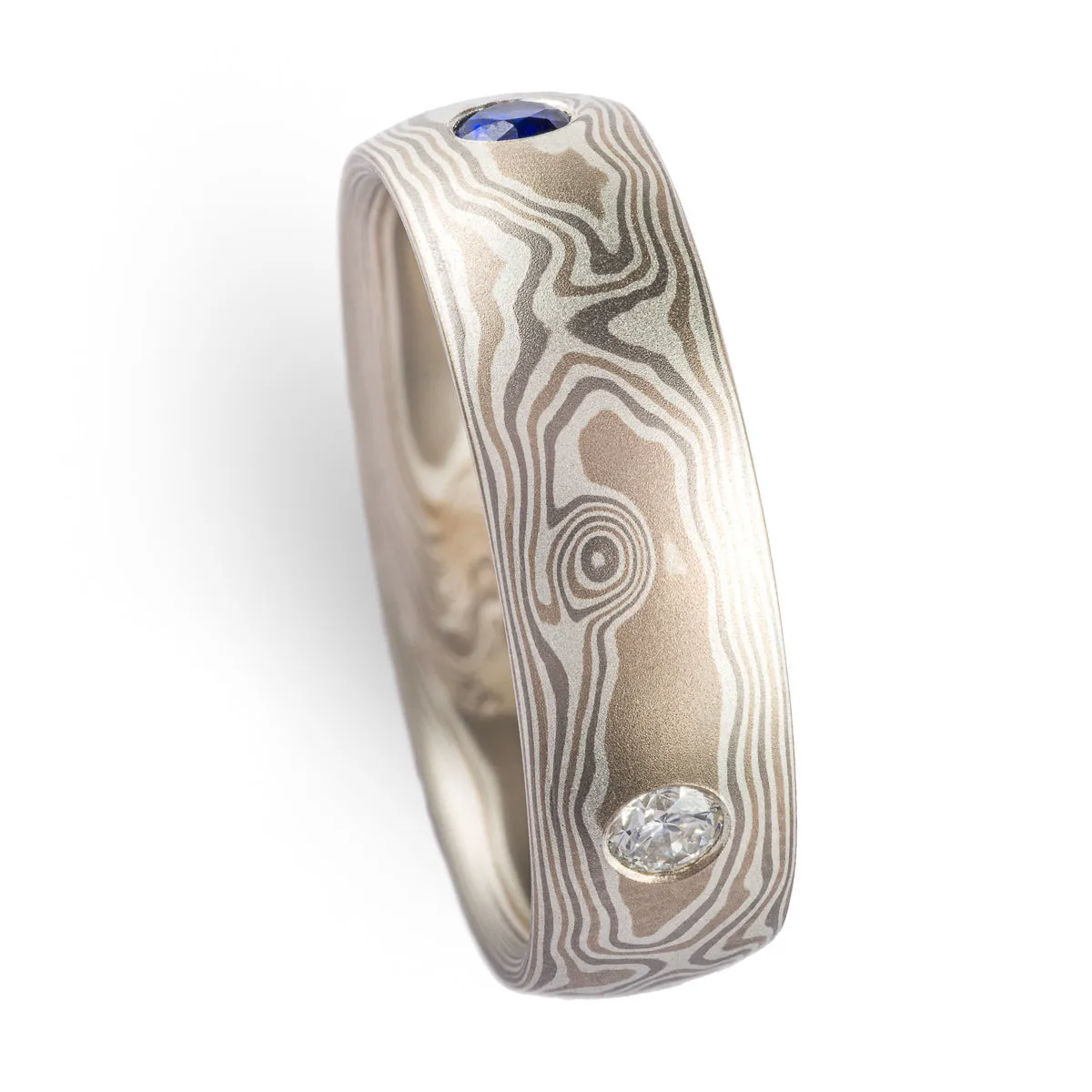 Sophisticated Mokume Gane Wedding Set in Smoke Palette and Woodgrain Pattern with Diamonds & Sapphires