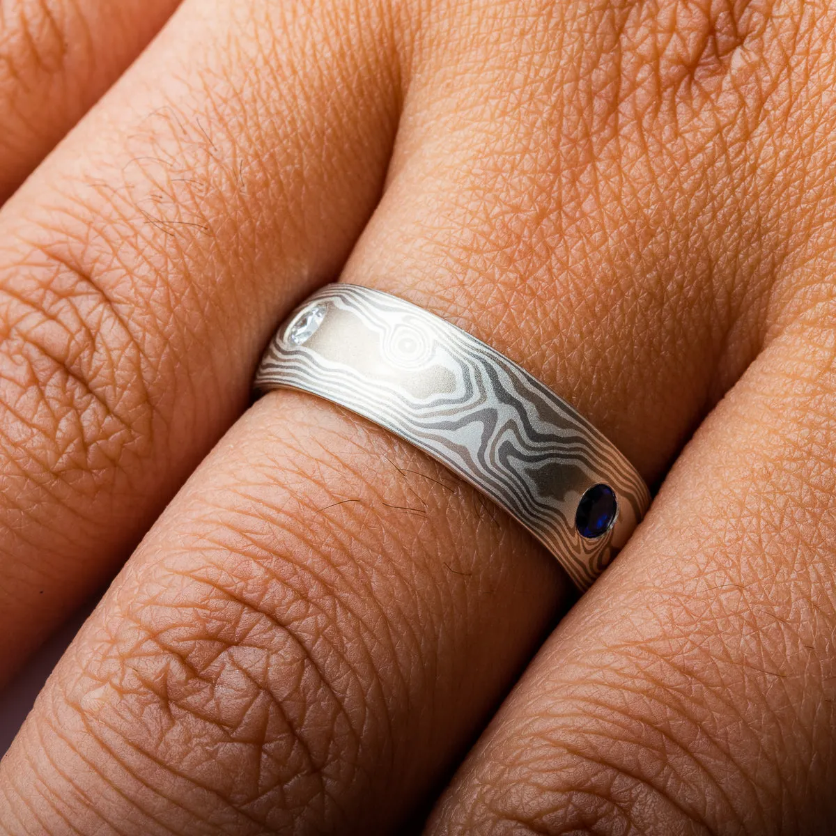 Sophisticated Mokume Gane Wedding Set in Smoke Palette and Woodgrain Pattern with Diamonds & Sapphires