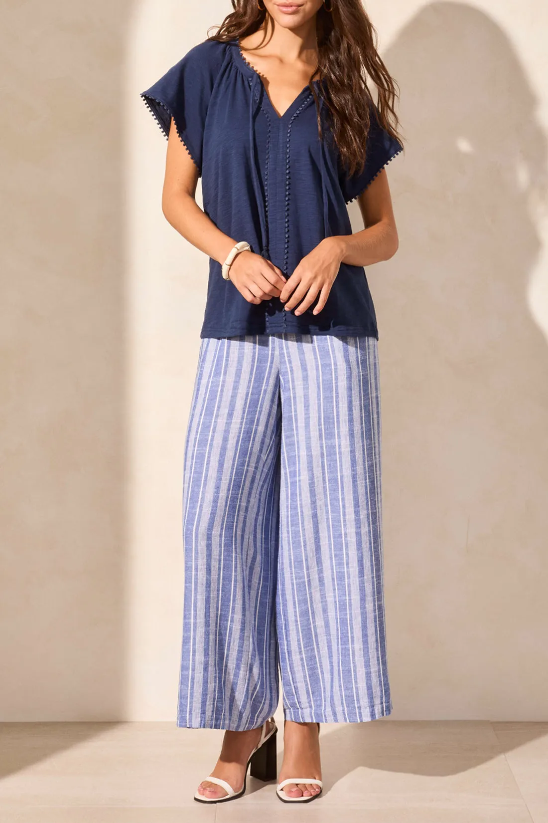 S/S Split Neck Top w/ Tassel - Jet Blue