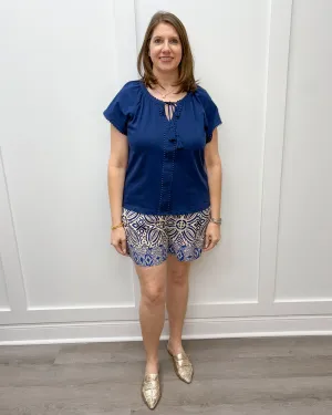 S/S Split Neck Top w/ Tassel - Jet Blue