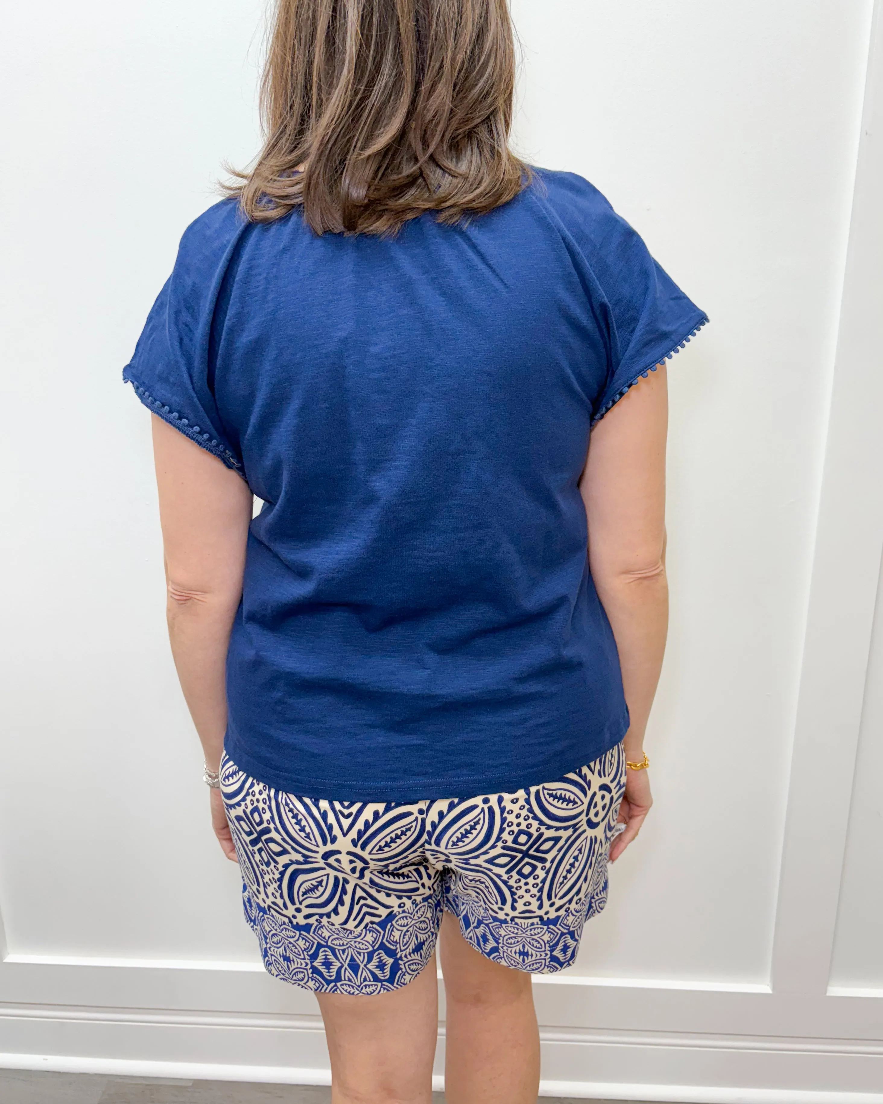 S/S Split Neck Top w/ Tassel - Jet Blue