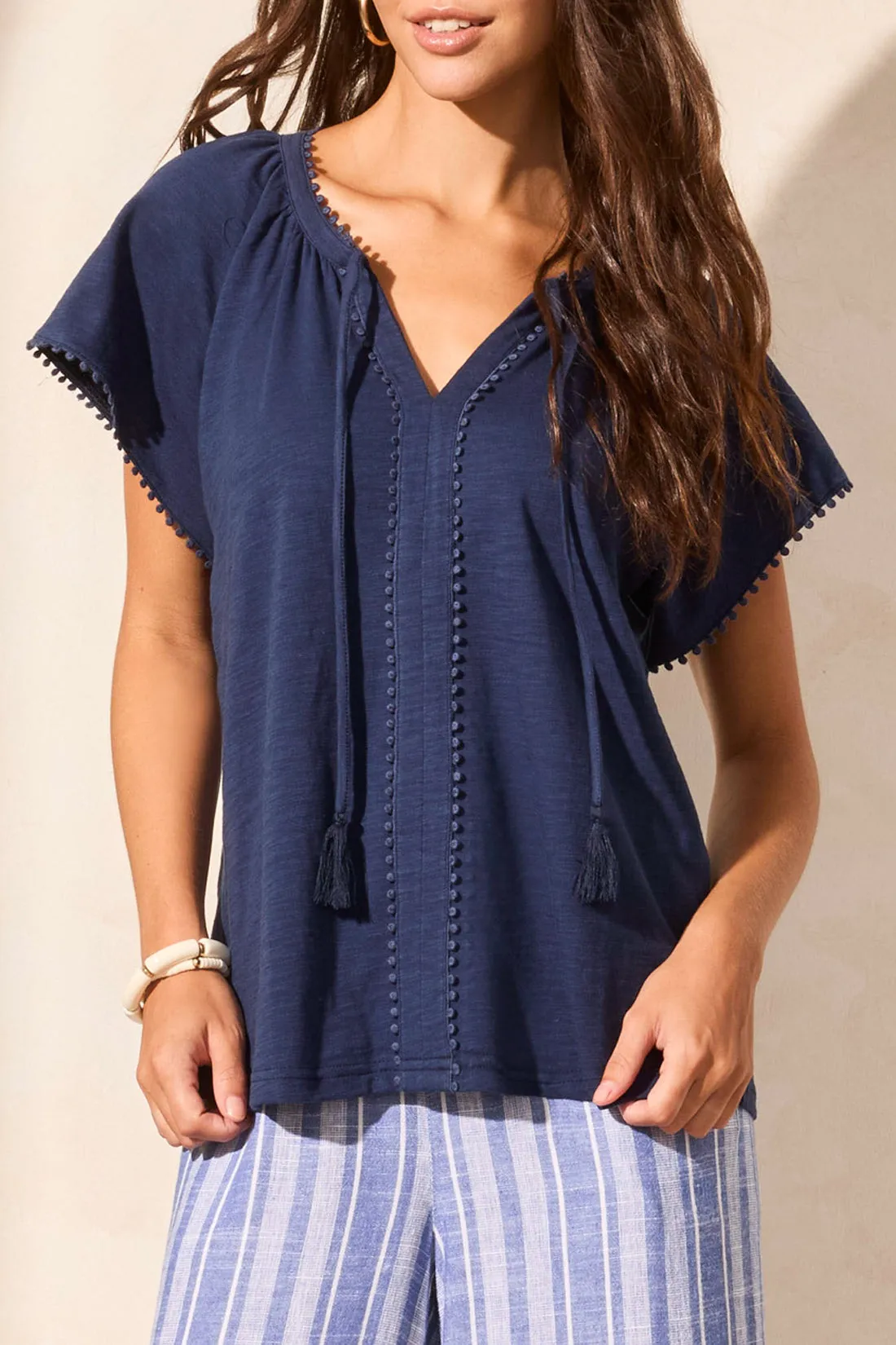 S/S Split Neck Top w/ Tassel - Jet Blue