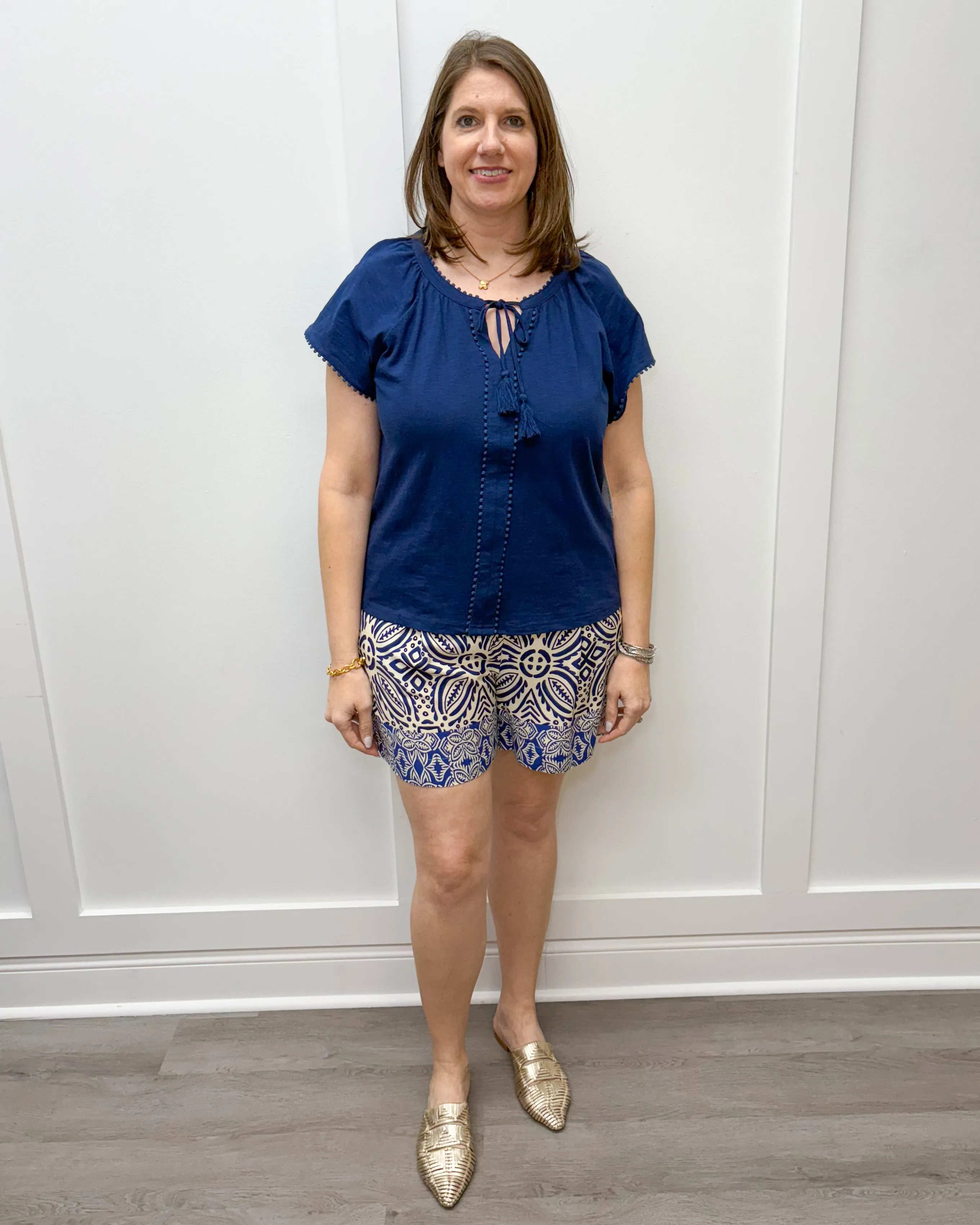 S/S Split Neck Top w/ Tassel - Jet Blue