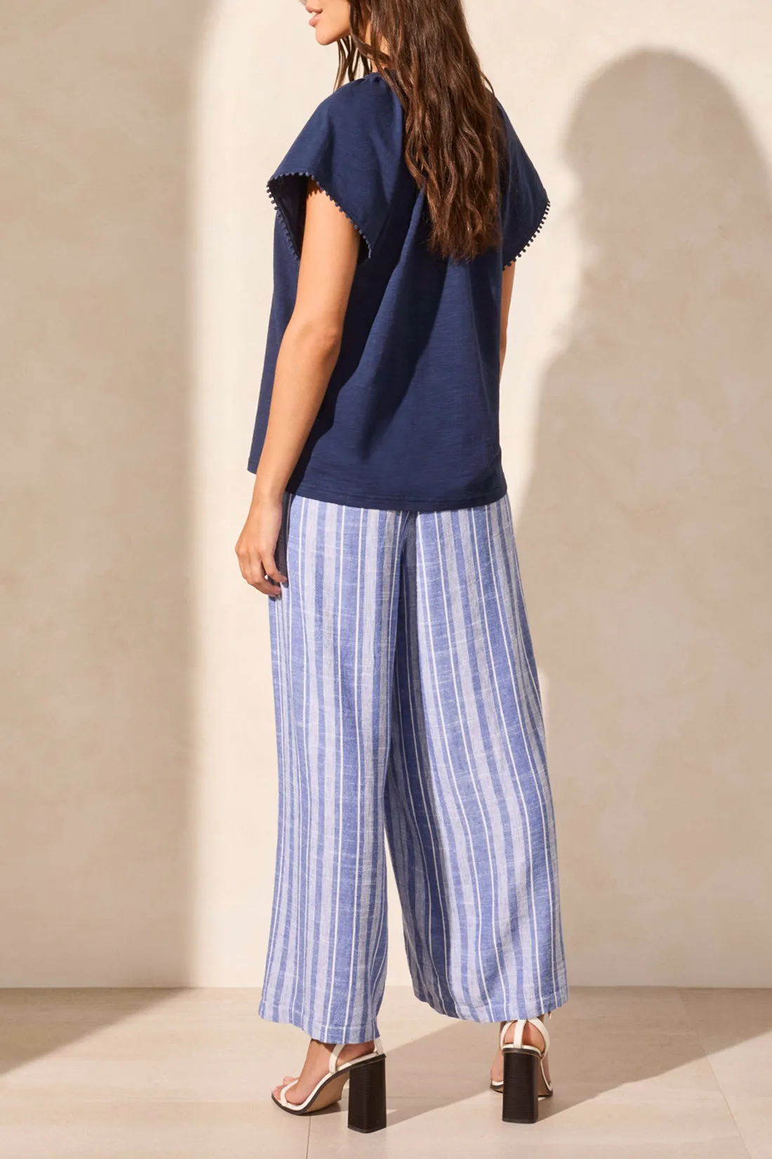 S/S Split Neck Top w/ Tassel - Jet Blue