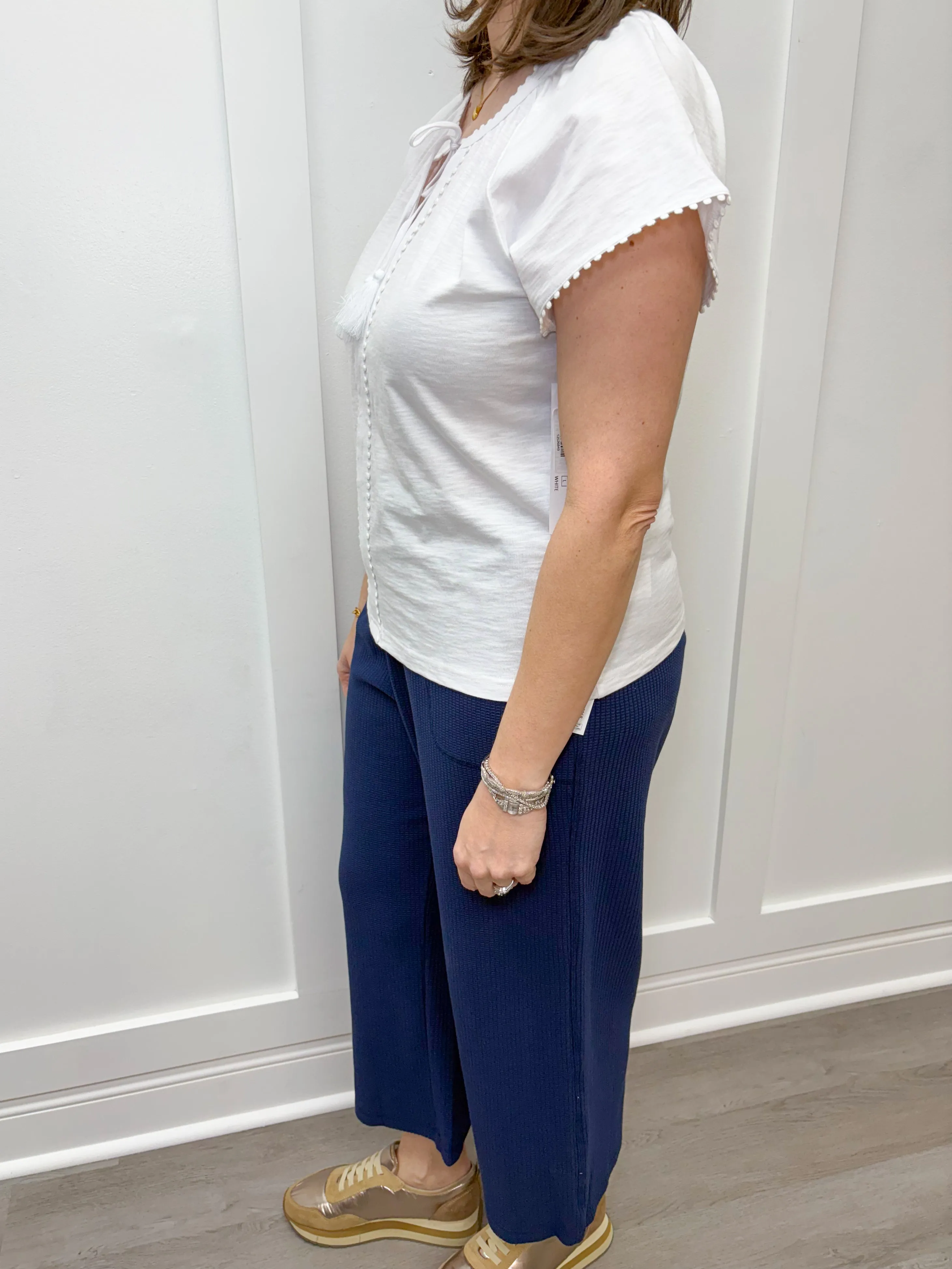 S/S Split Neck Top w/ Tassel - White