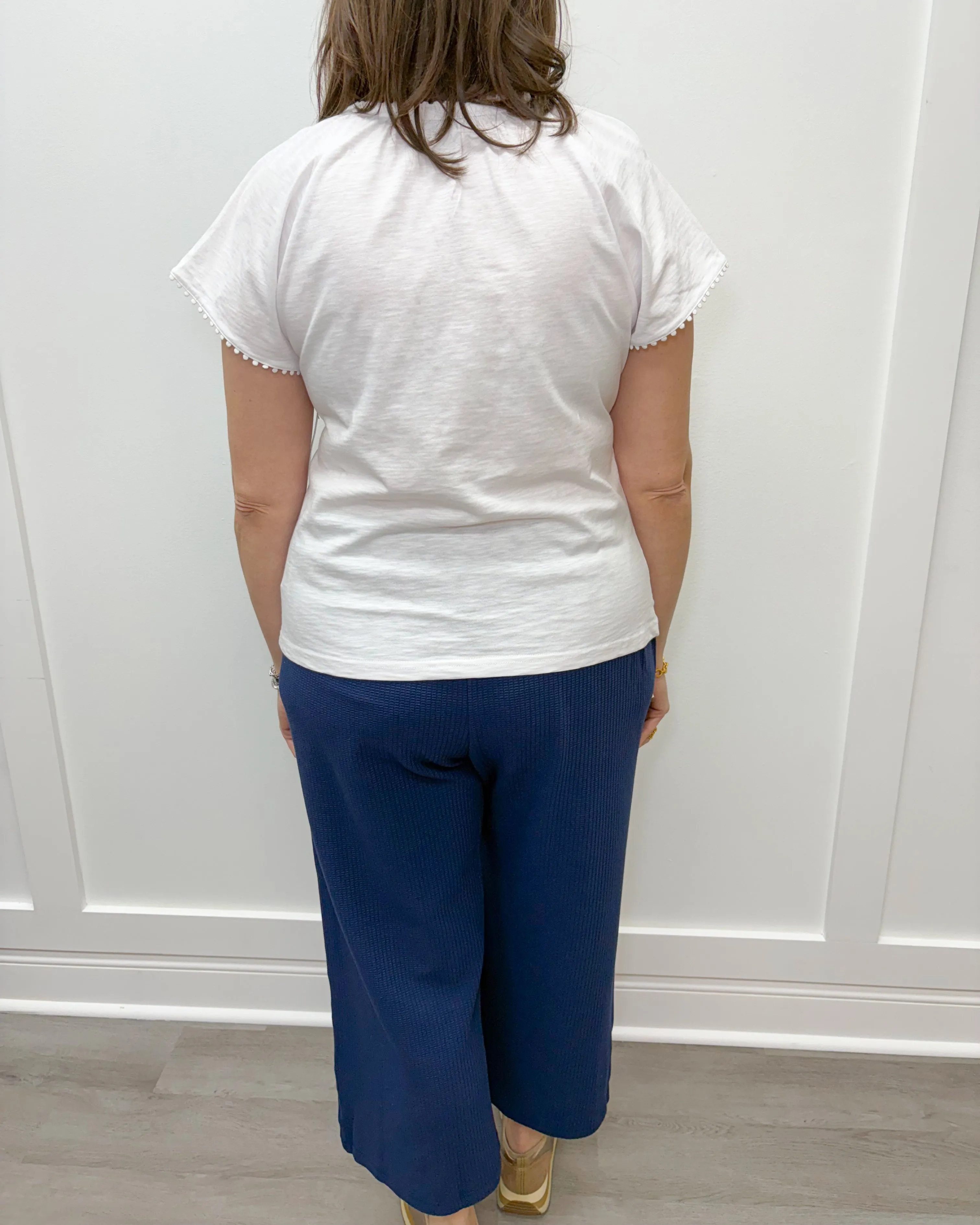S/S Split Neck Top w/ Tassel - White