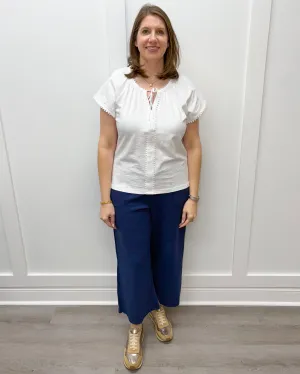 S/S Split Neck Top w/ Tassel - White