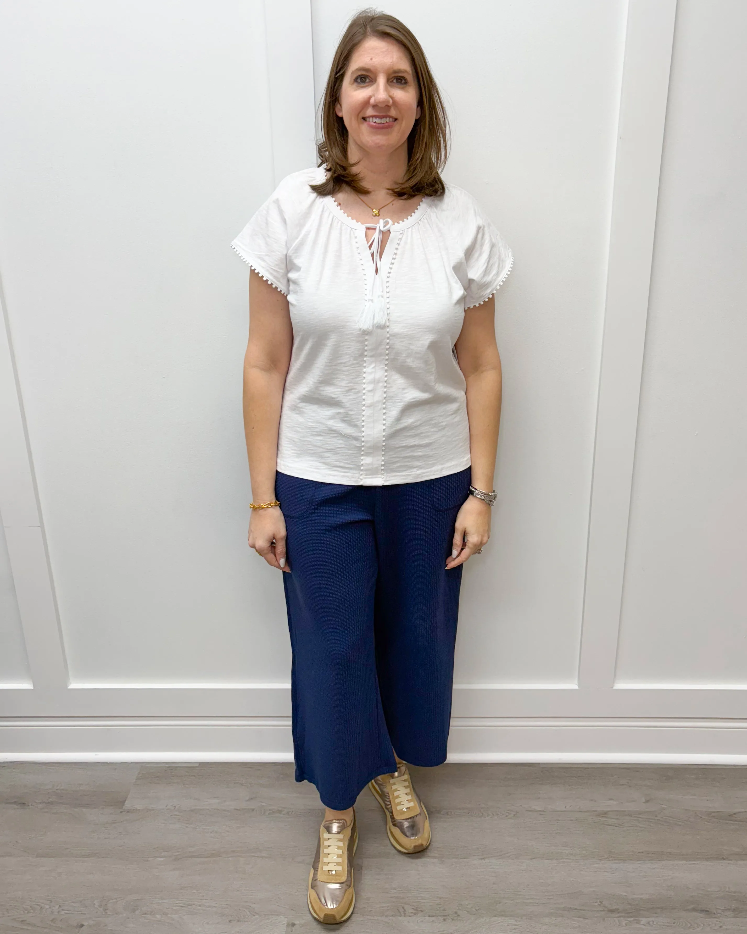 S/S Split Neck Top w/ Tassel - White
