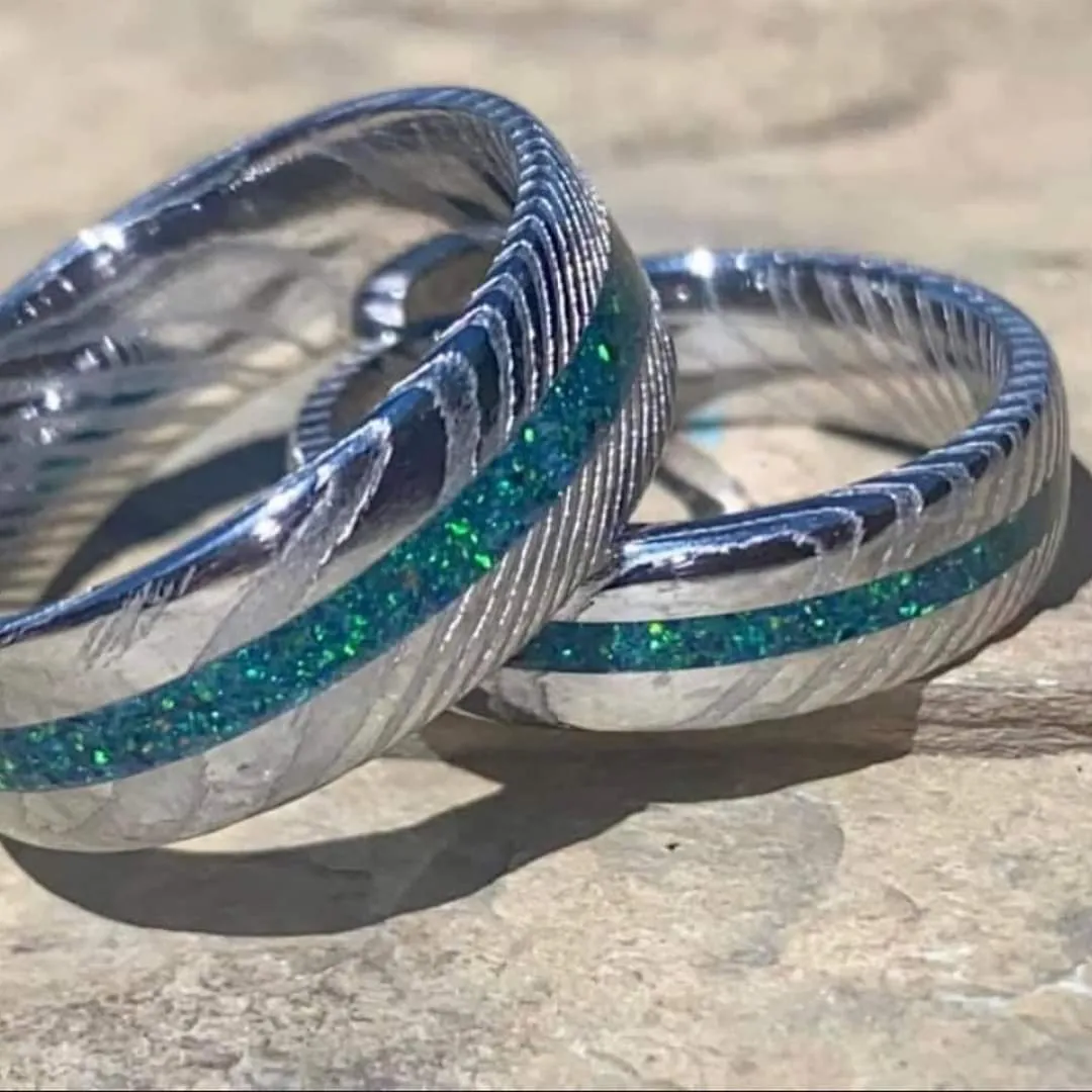 Stainless Steel Damascus wedding set with Black Emerald Opal