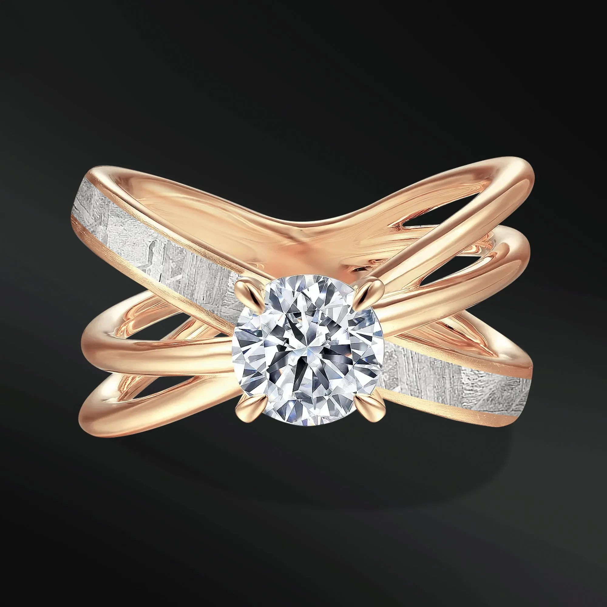 Star Orbit - 14K Gold or Sterling silver Ring for Women | Certified 1 CT Round Moissanite & Meteorite Engagement Ring | Unique Crisscross Design Bridal Ring