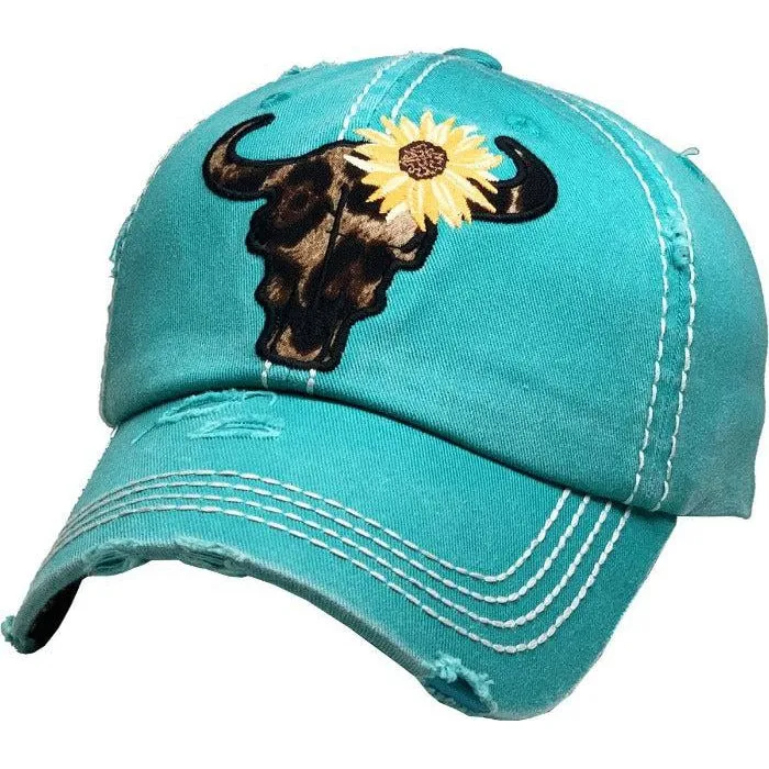 Steer Head Sunflower Vintage Blue Baseball Cap