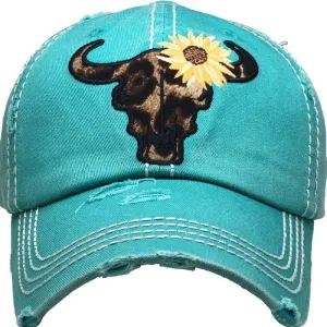 Steer Head Sunflower Vintage Blue Baseball Cap