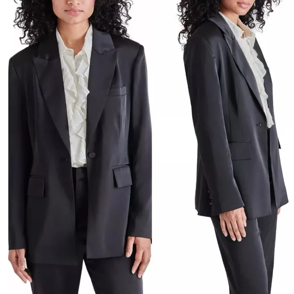 Steve Madden Womens Misha Black Satin Work One-Button Blazer Jacket Size Medium