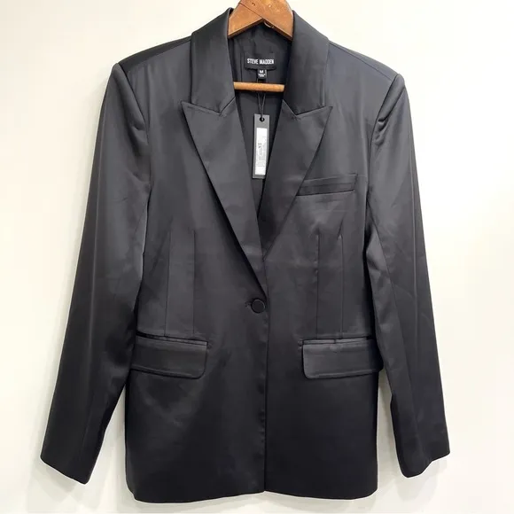 Steve Madden Womens Misha Black Satin Work One-Button Blazer Jacket Size Medium