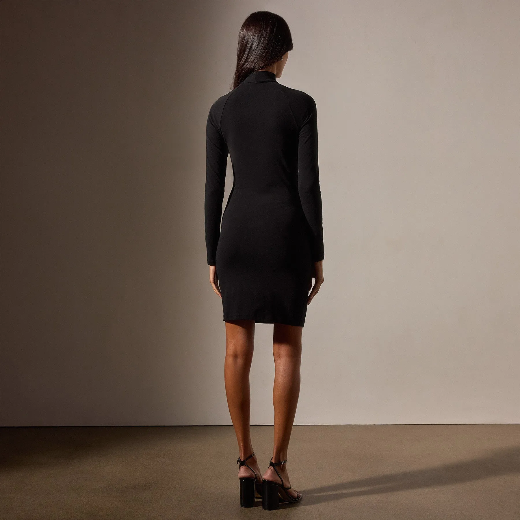 Stretch Lotus Mock Neck Dress - Black