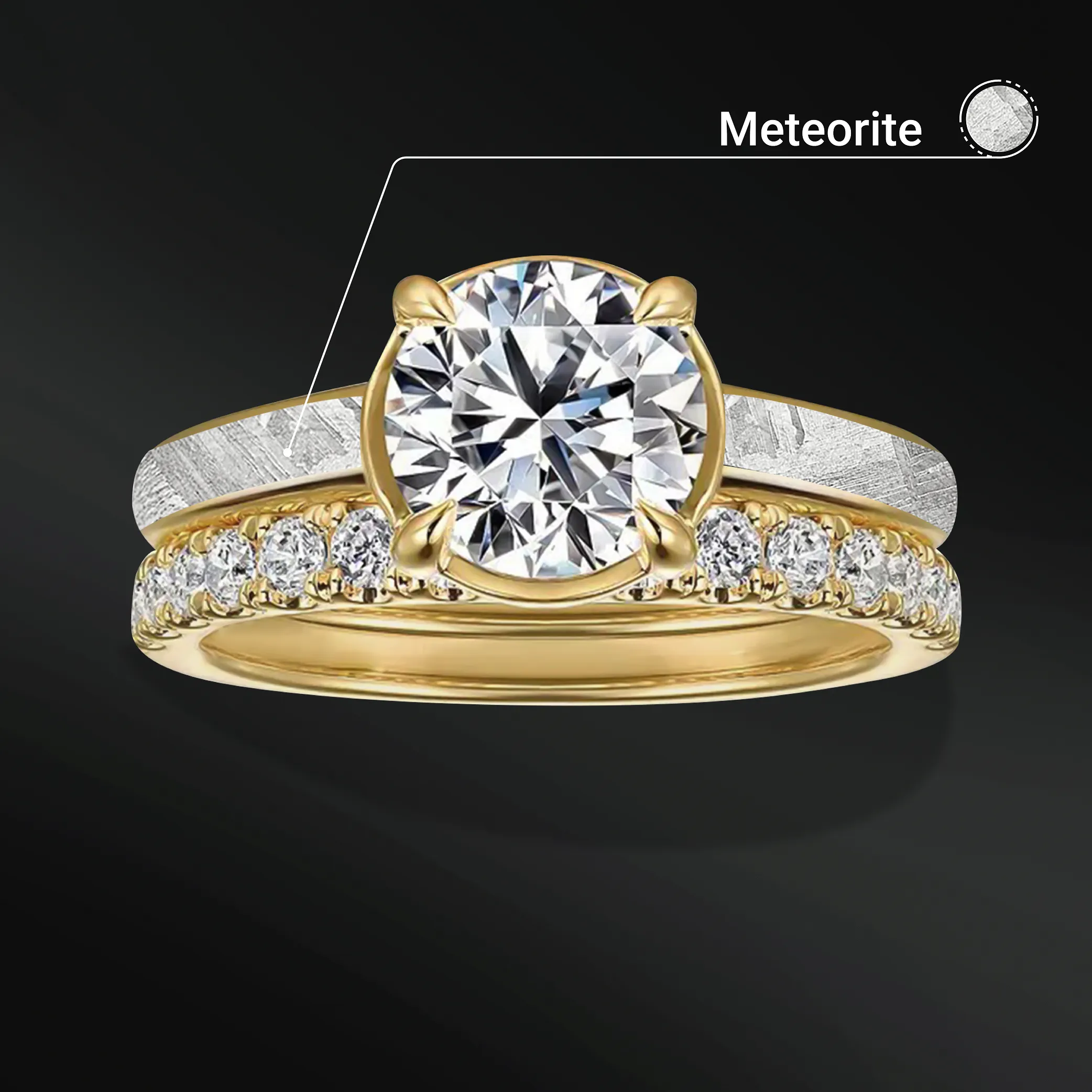 Sun - Ring Set for Women | Muonionalusta Meteorite Engagement Ring | 1.3 ct Certified Moissanite