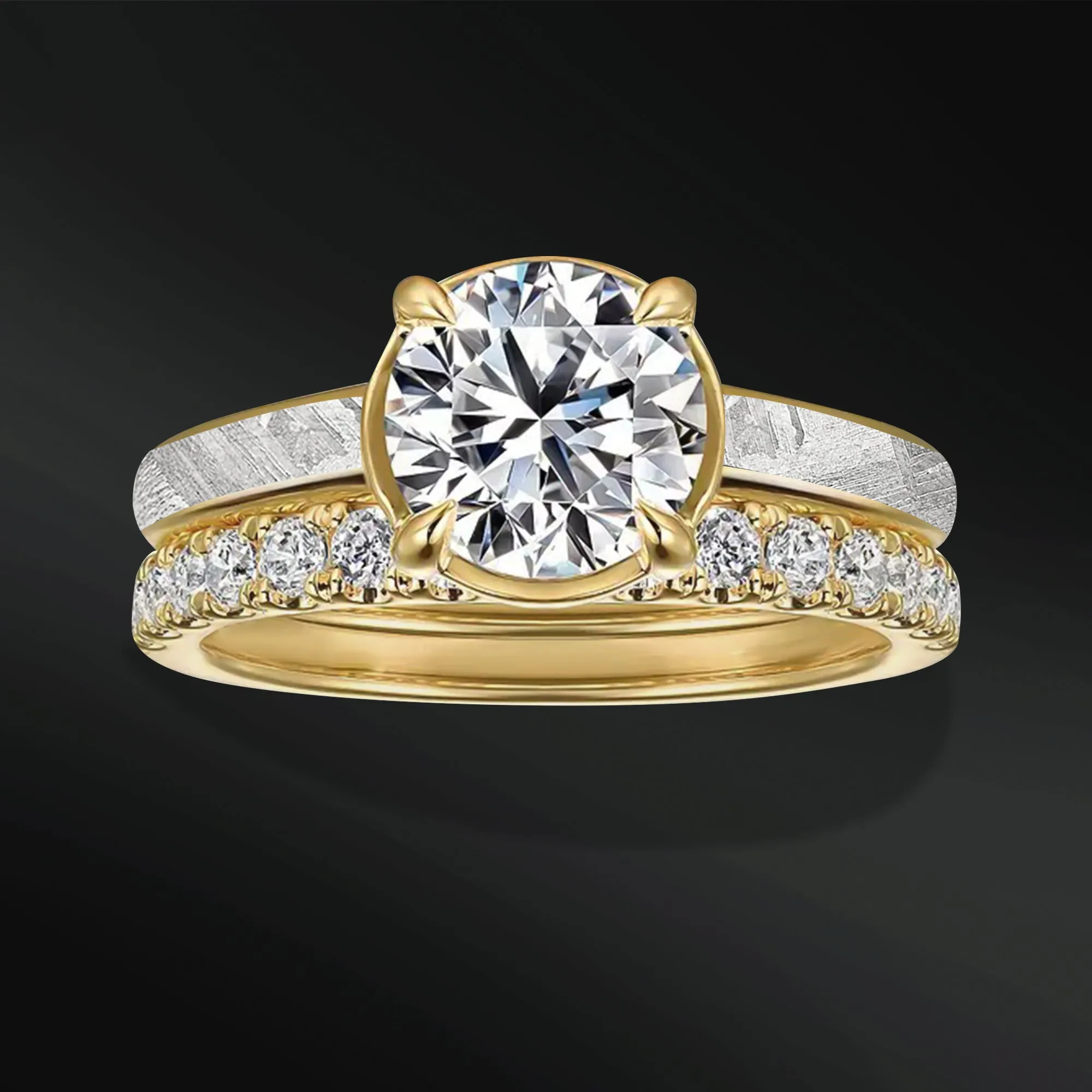 Sun - Ring Set for Women | Muonionalusta Meteorite Engagement Ring | 1.3 ct Certified Moissanite