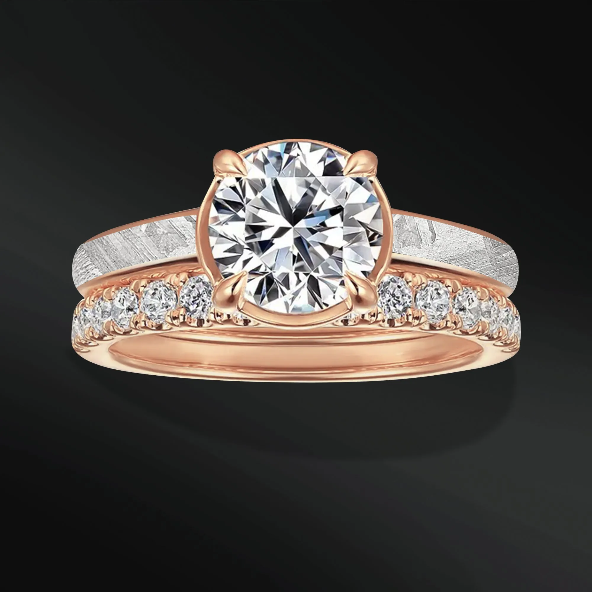 Sun - Ring Set for Women | Muonionalusta Meteorite Engagement Ring | 1.3 ct Certified Moissanite