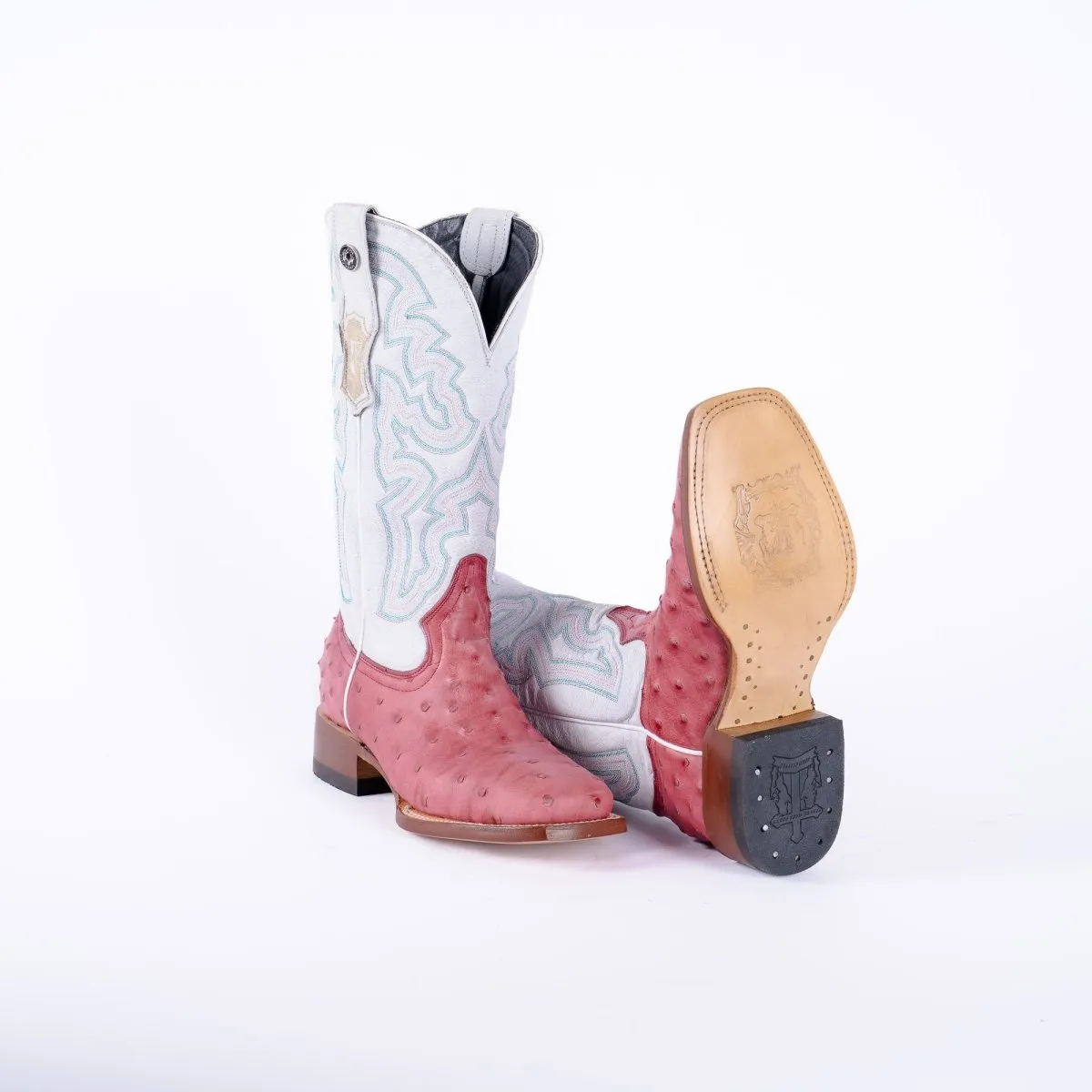 TANNER MARK WOMEN’S Ostrich Print Pink Cowgirl Boots With Montana Ice Top