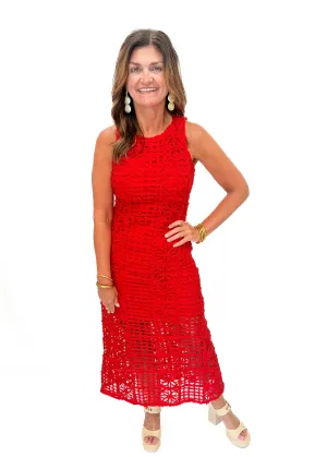 Textured Sleeveless Midi Dress - Red