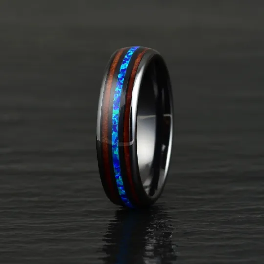 The Glacier Ring - Black Ceramic Koa Wood Blue Opal Women's Wedding Band 6MM