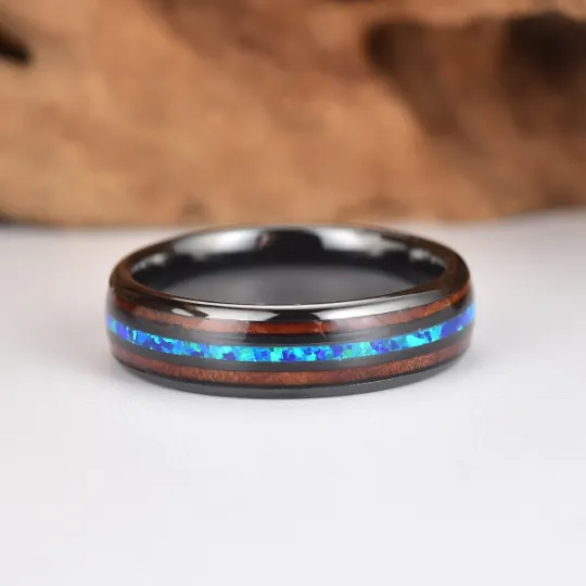 The Glacier Ring - Black Ceramic Koa Wood Blue Opal Women's Wedding Band 6MM