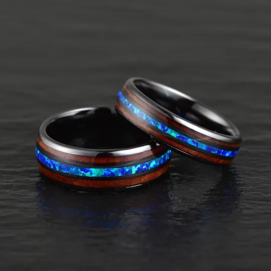 The Glacier Ring - Black Ceramic Koa Wood Blue Opal Women's Wedding Band 6MM