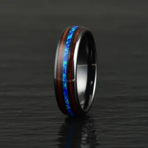 The Glacier Ring - Black Ceramic Koa Wood Blue Opal Women's Wedding Band 6MM