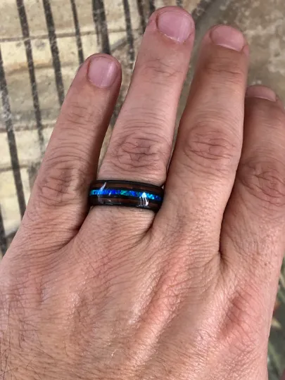 The Glacier Ring - Black Ceramic Koa Wood Blue Opal Women's Wedding Band 6MM