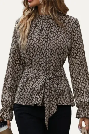 The Moment Collection Khaki Printed Mock Neck Top. Fall Clearance!
