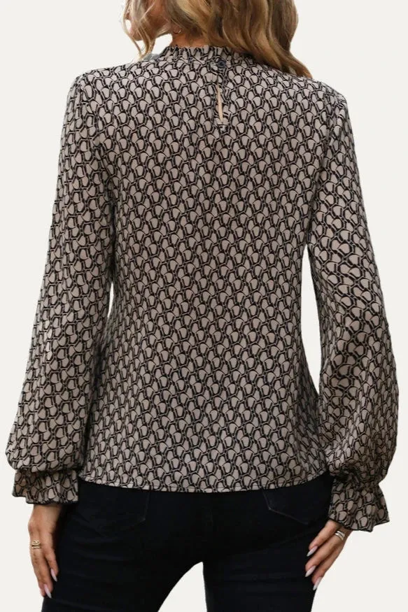 The Moment Collection Khaki Printed Mock Neck Top. Fall Clearance!