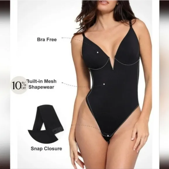 The Popilush Deep-V Neck Low-Back Shapewear Thong Bodysuit. NEW!