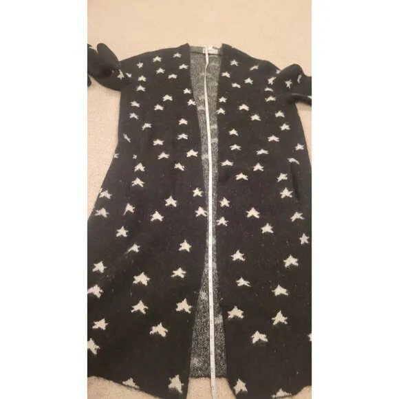 THML Long Sleeve Open Duster Cardigan Sweater In Black W/White Stars Women's MED