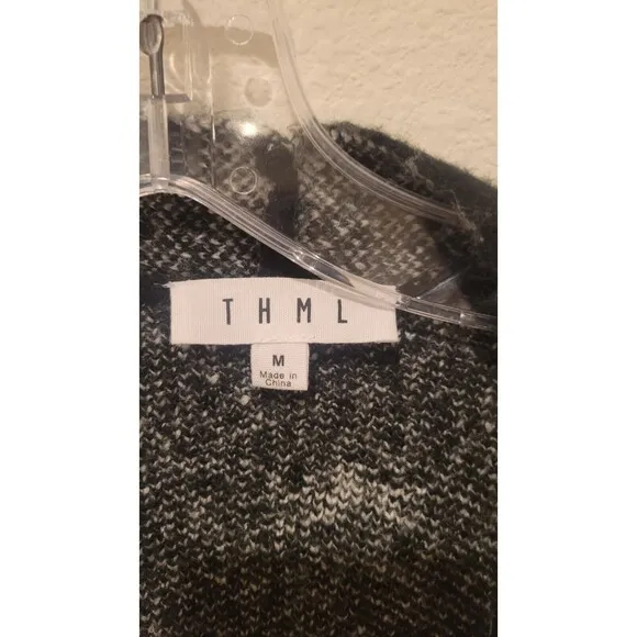 THML Long Sleeve Open Duster Cardigan Sweater In Black W/White Stars Women's MED