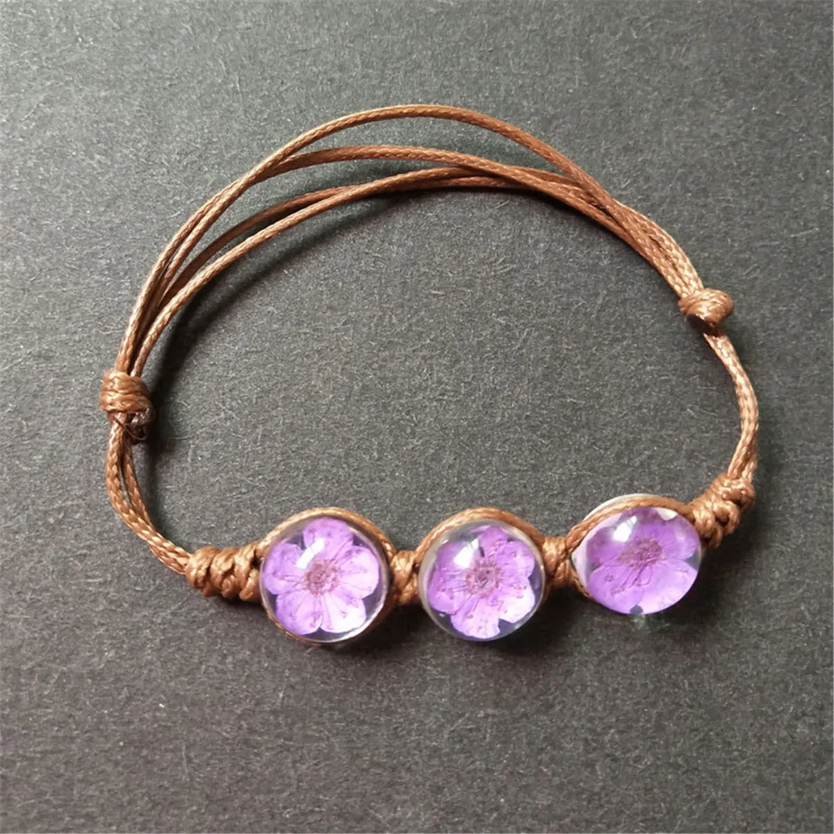 Triple Purple Peach Blossom Adjustable Charm Bracelet