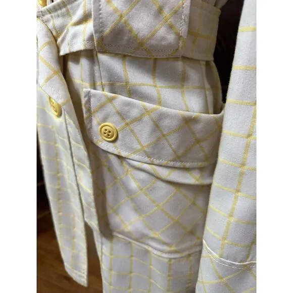 Tulle Yellow Stripe White Trench Coat Belted Waist Big Buttons Size Small