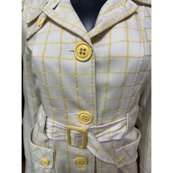 Tulle Yellow Stripe White Trench Coat Belted Waist Big Buttons Size Small