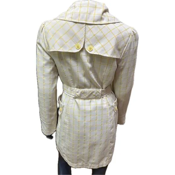 Tulle Yellow Stripe White Trench Coat Belted Waist Big Buttons Size Small