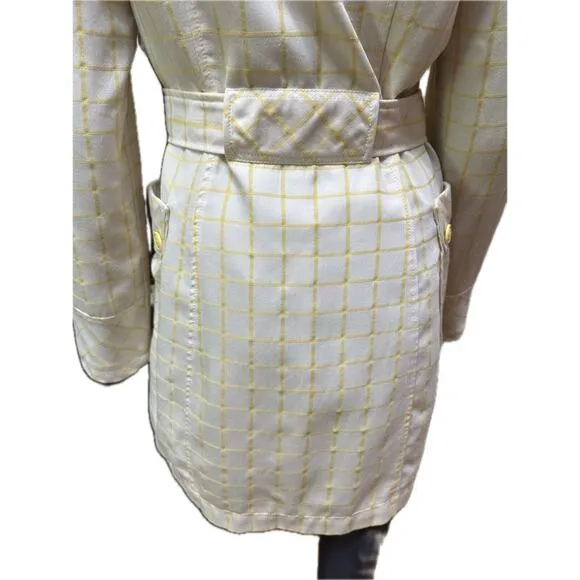 Tulle Yellow Stripe White Trench Coat Belted Waist Big Buttons Size Small